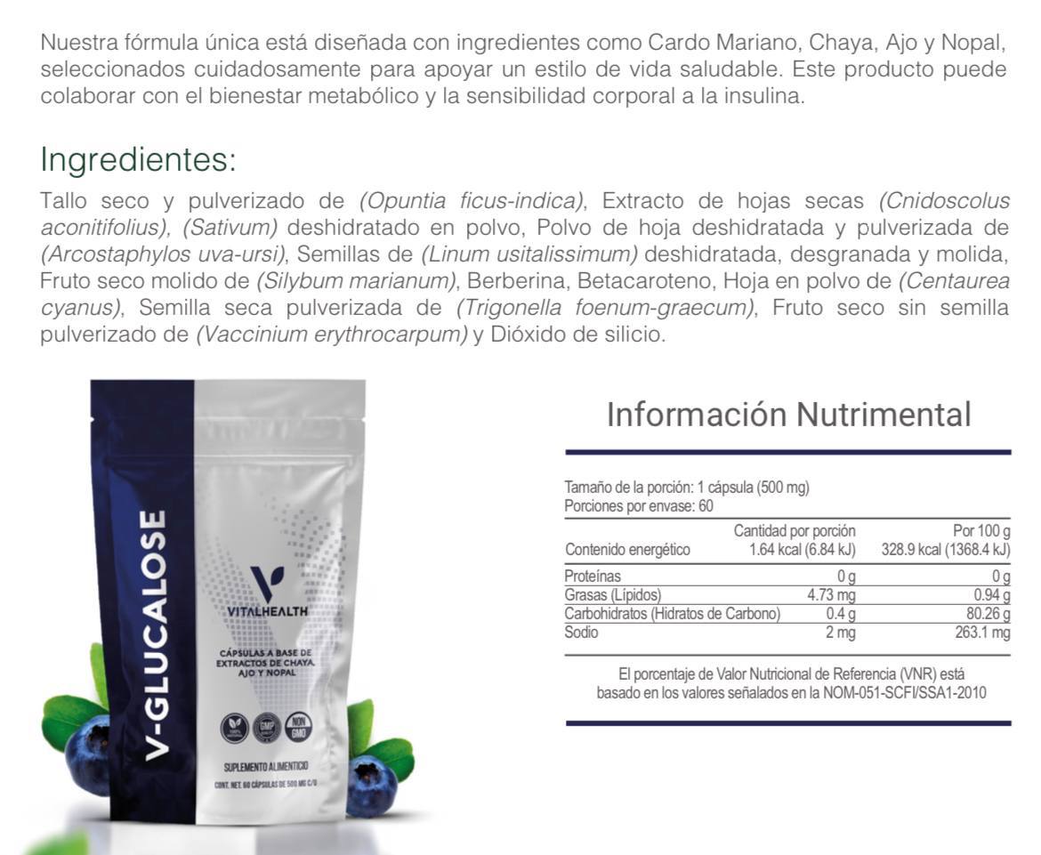 V-Glucalose - Prickly pear, Chaya, Garlic extract, Ursi grape extract, Flaxseed, Milk Thistle extract, Berberine, Beta-carotene, Centaurea, Fenugreek extract, Cranberry extract.