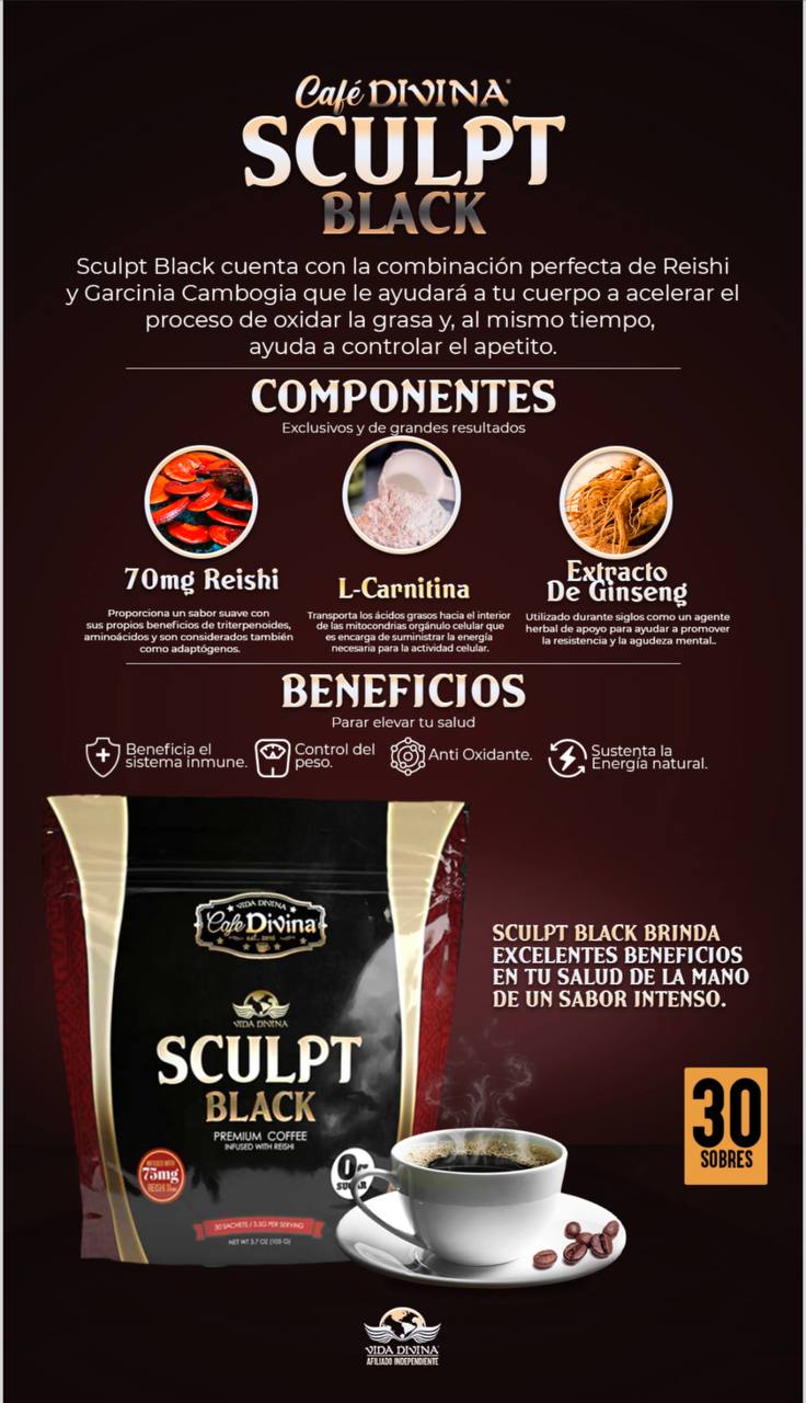 Vida Divina Sculpt Black Premium Coffee, Infused with Reishi, 3..5 Grams per serving