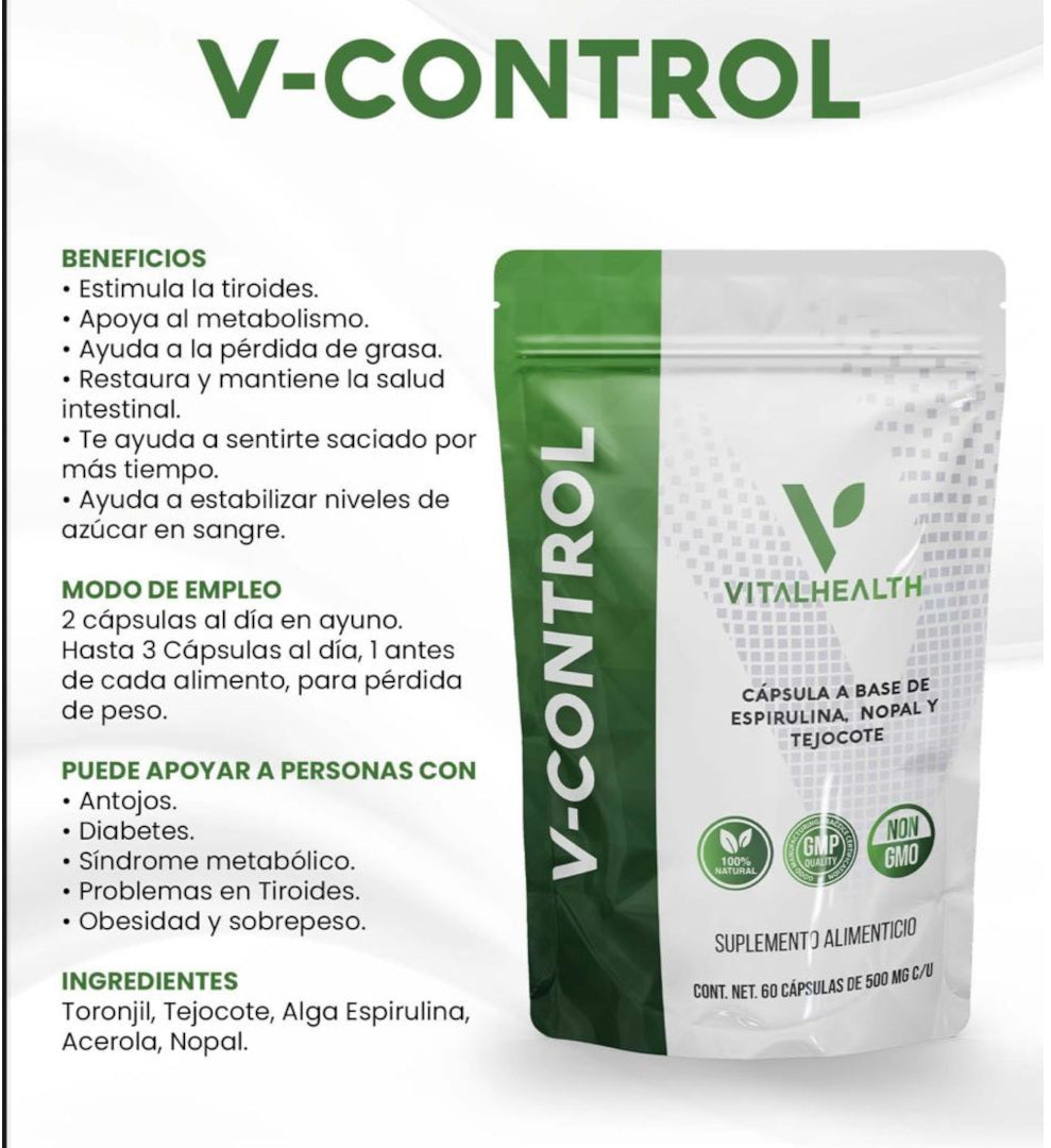 V-control te ayuda a sentirte saciado, equilibrar tus niveles de azúcar y apoyar la quema de grasa.