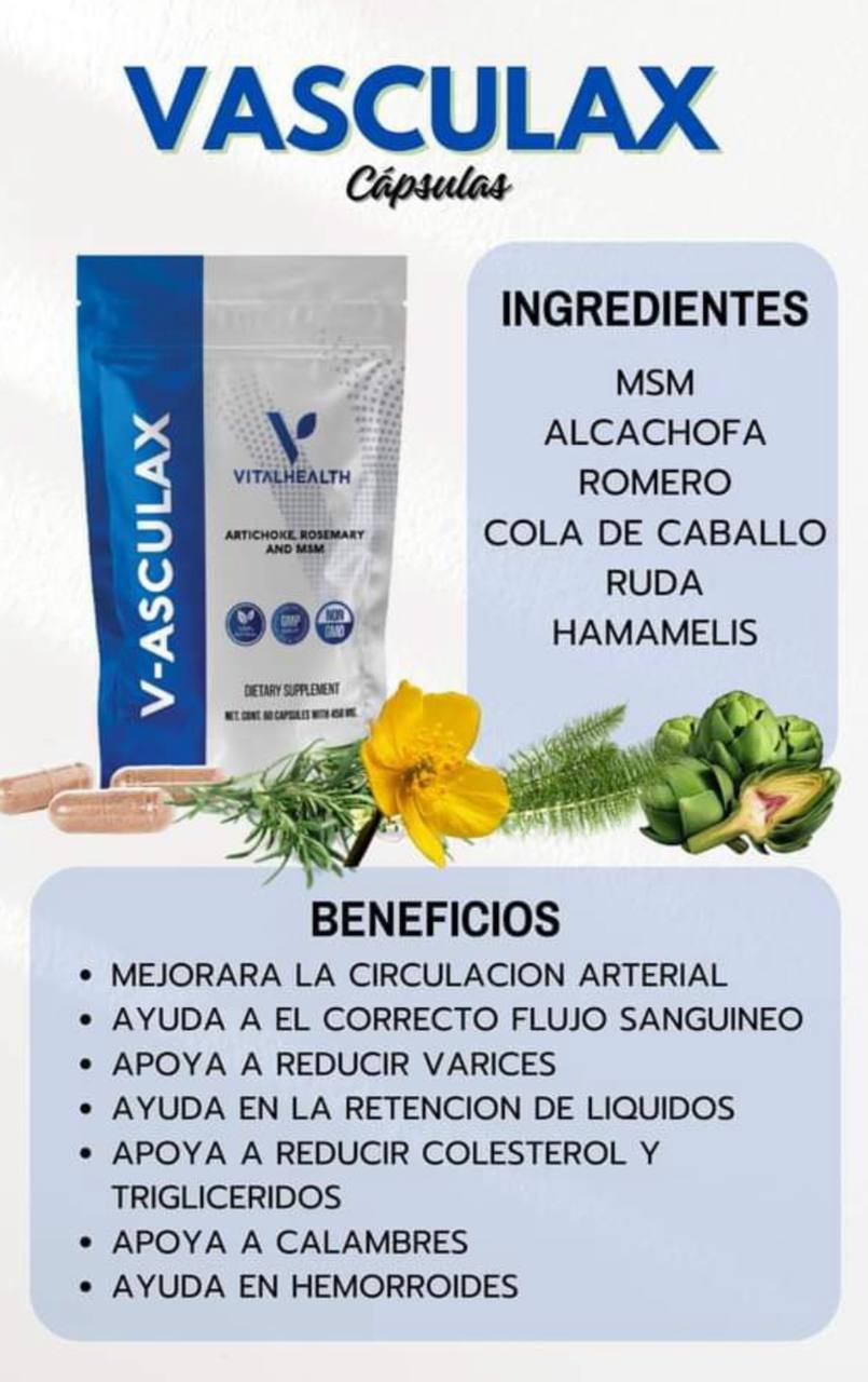 V-asculax - Our formula blends natural extracts of Artichoke, Rosemary, Witch Hazel, and Horsetail, ingredients known for their support of elasticity and blood flow
